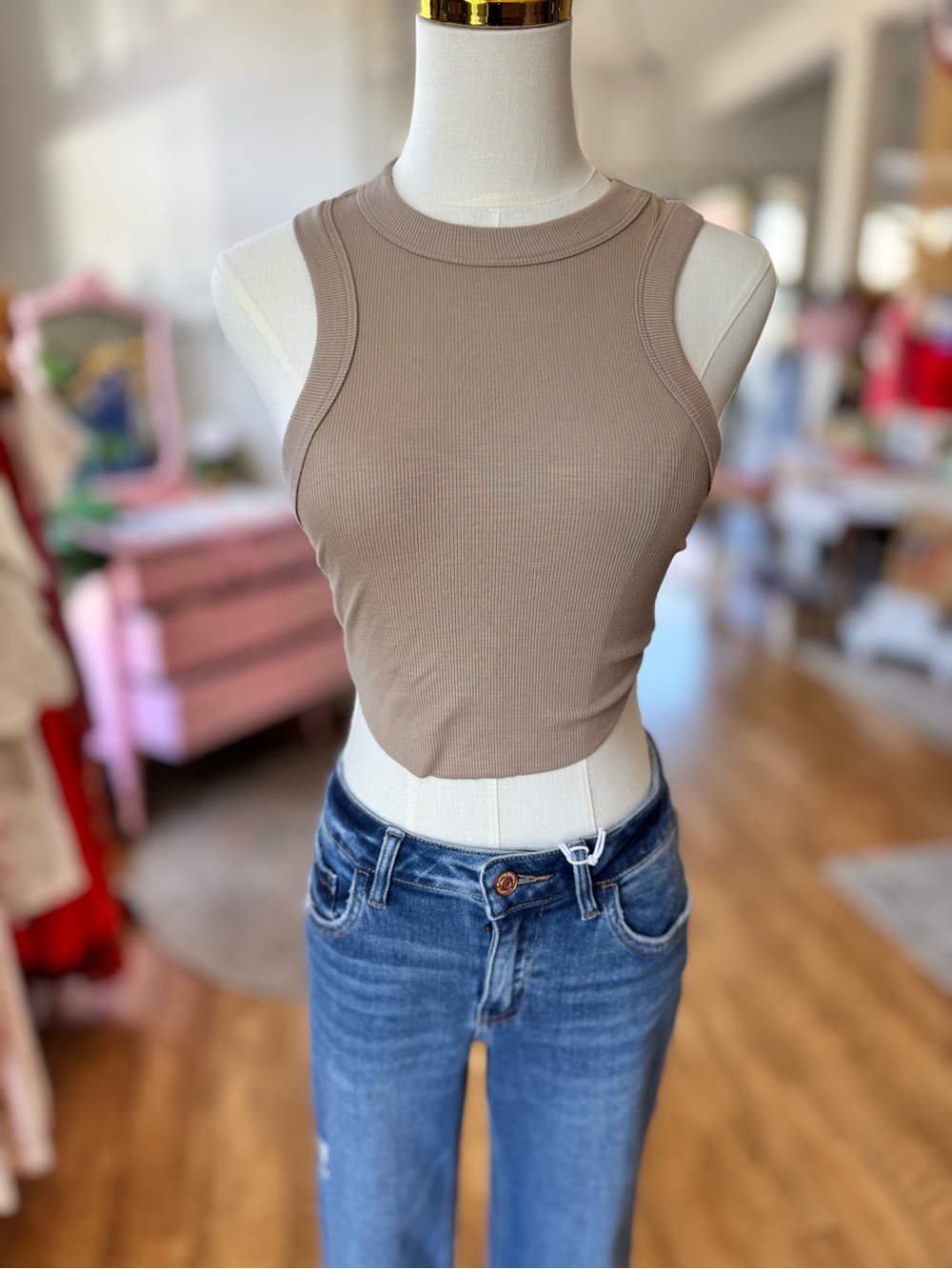 Joah Brown Ribbed Crop Tank Top - Taupe
